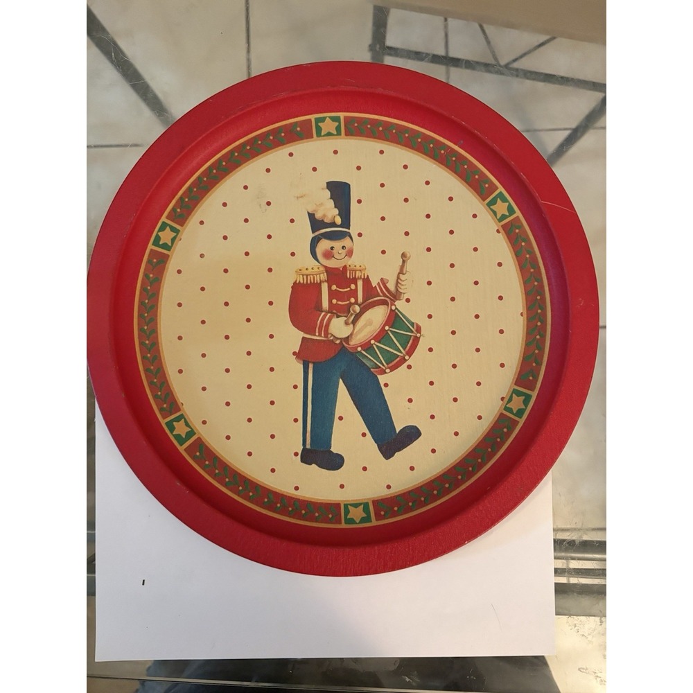 Vintage Christmas Metal Tin Tray Toy Soldier Drummer Boy Round 12.5" Red